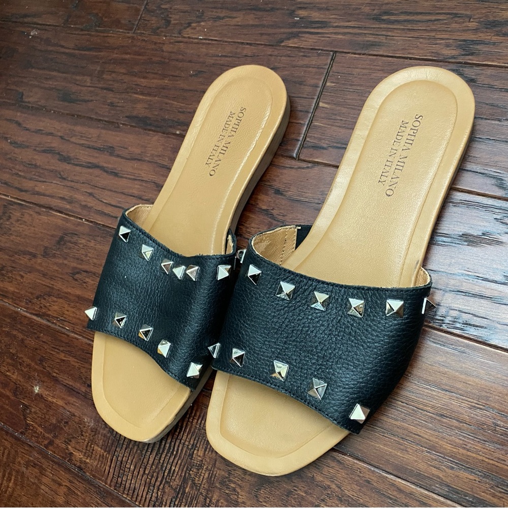 Black faux leather slides